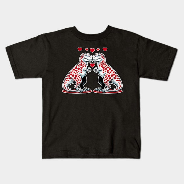 Dinosaur Love T-Shirt, Cute T-Rex Graphic Tee, Unisex Adult Clothing, Valentine's Day Shirt, Heart Pattern, Novelty Top Kids T-Shirt by Cat In Orbit ®